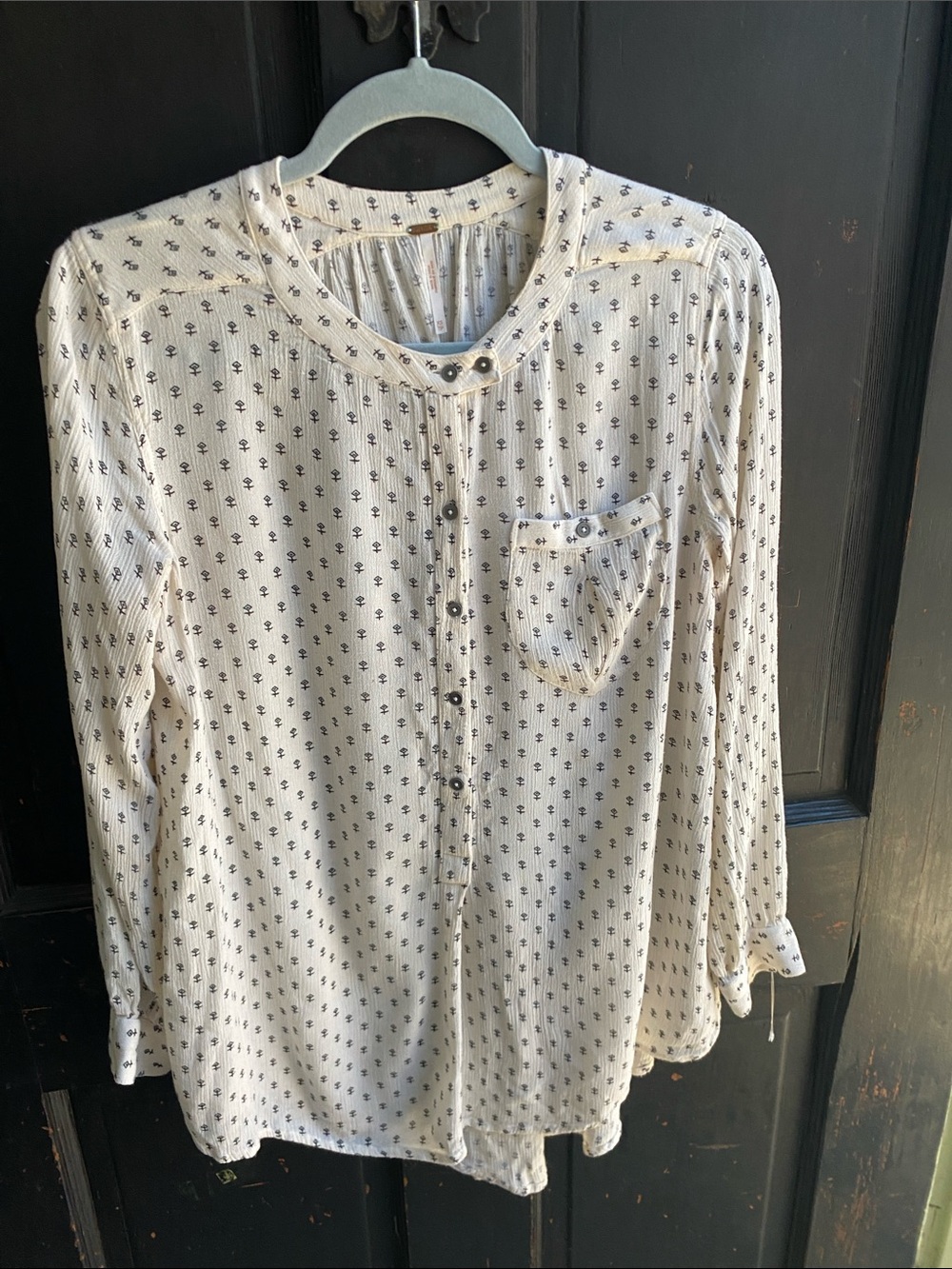 Free People Cream Blouse with Tiny Black & Teal Motif